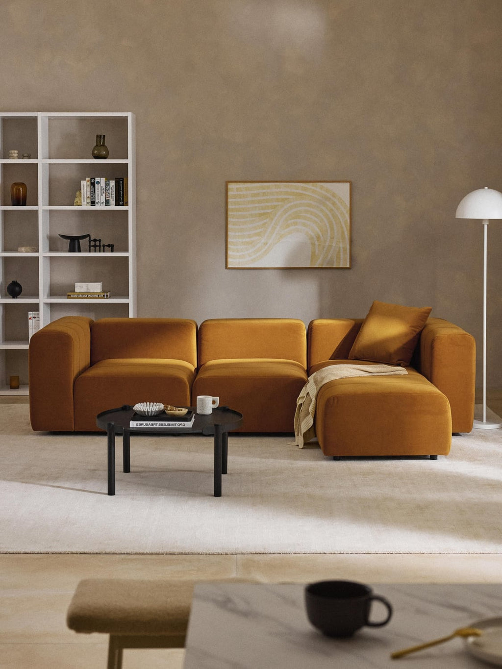 Lena Modular Velvet-Sofa (4-seater) with Ottoman (left/right) — Caramel
