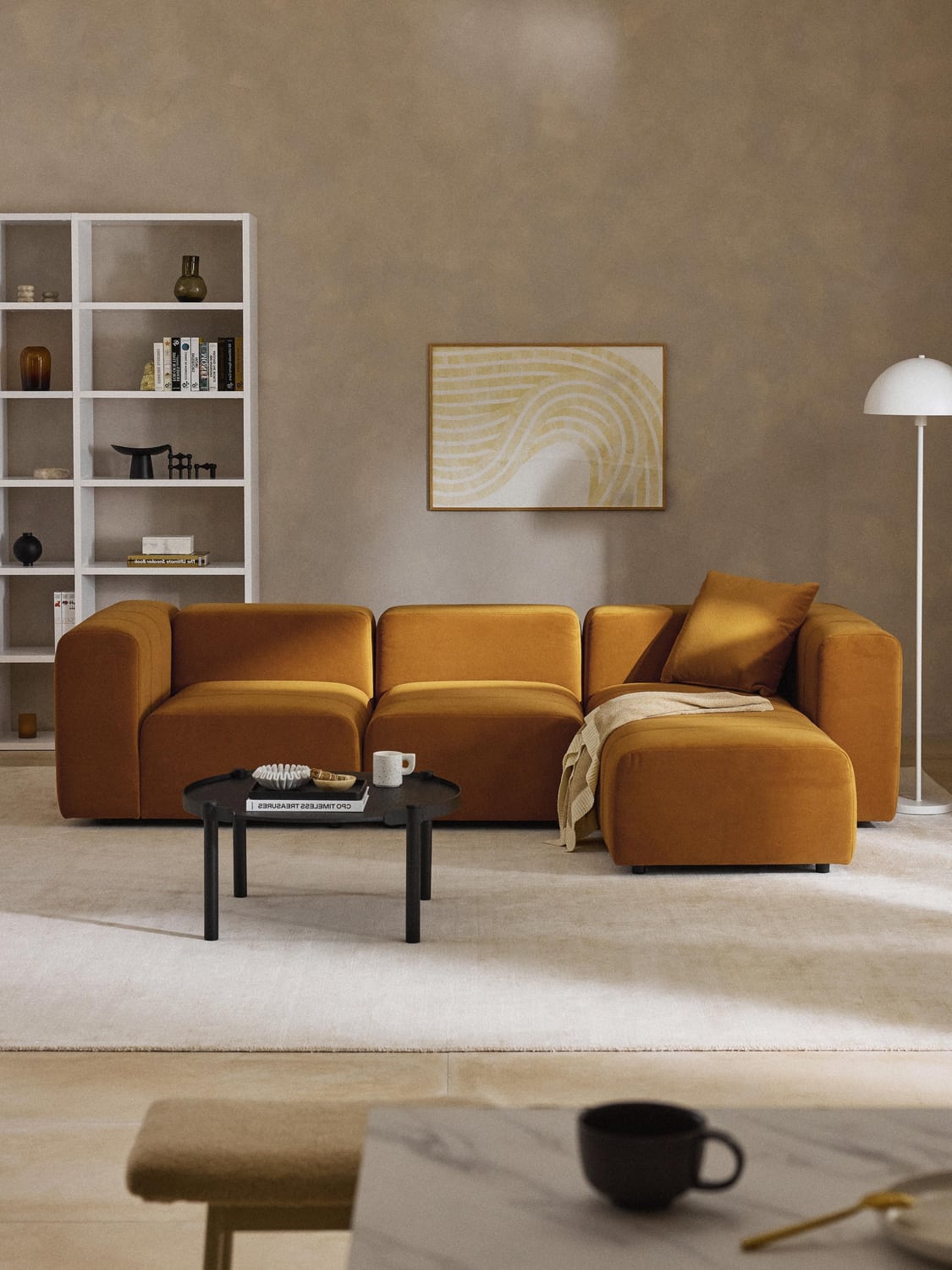 Lena Modular Velvet-Sofa (4-seater) with Ottoman (left/right) — Caramel