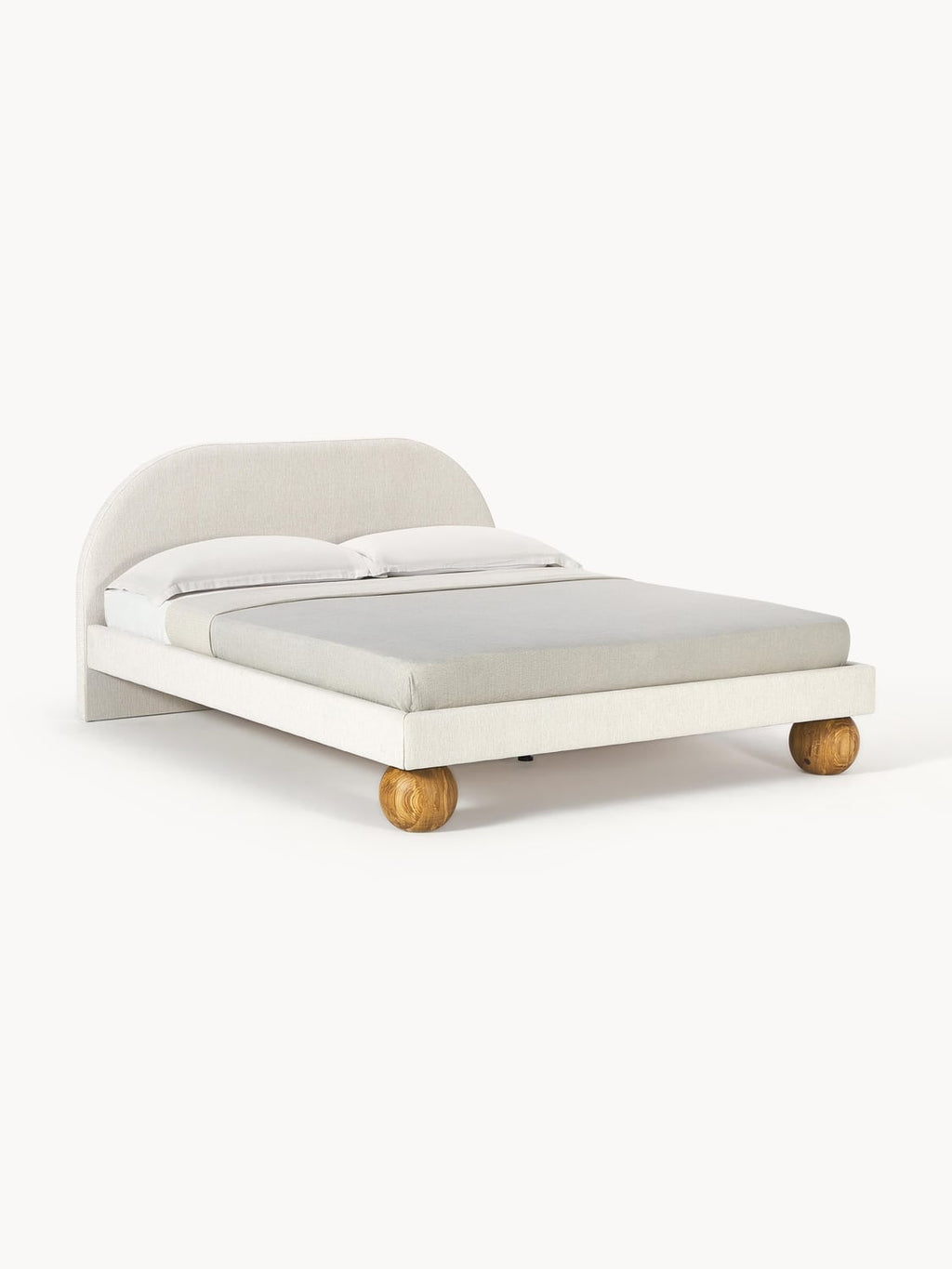 Rena Upholstered Bed with Ball Feet in Oak — Light Grey