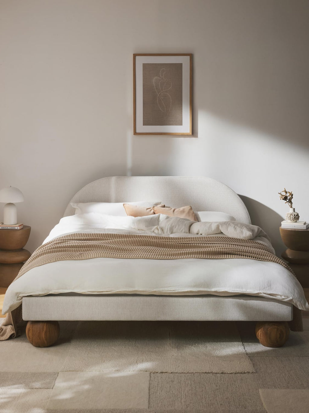 Rena Upholstered Bed with Ball Feet in Oak — Light Grey