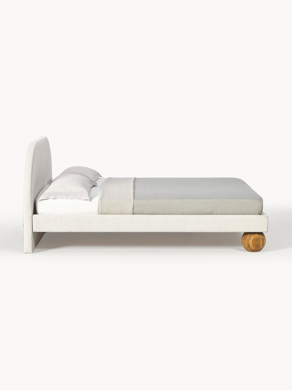 Rena Upholstered Bed with Ball Feet in Oak — Light Grey