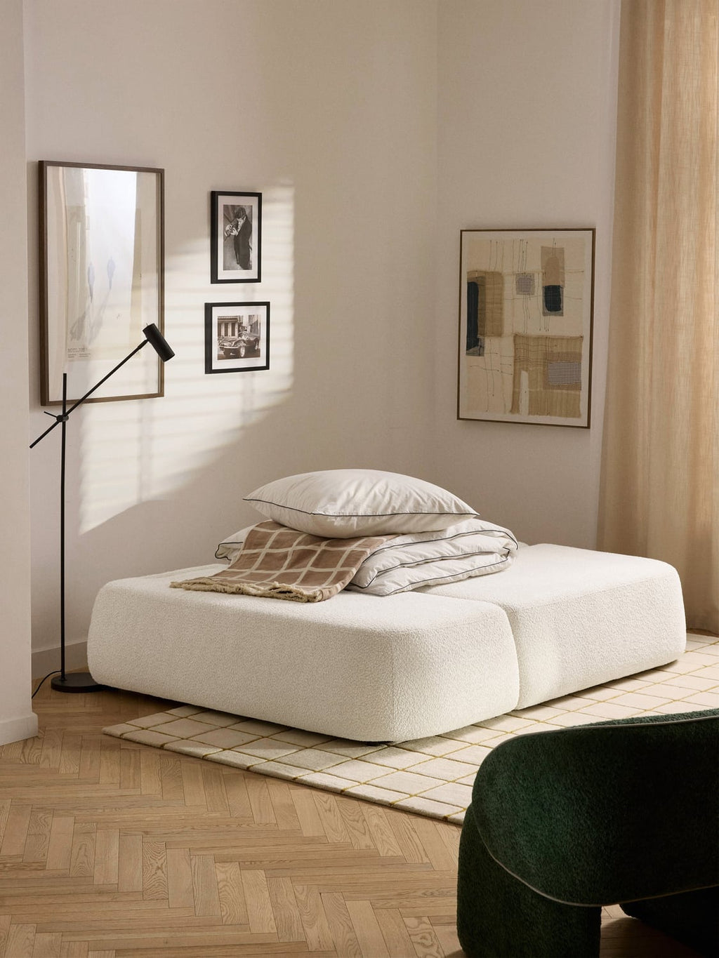 Pao Sofa Bed in Teddy Bouclé with Storage — Light Grey