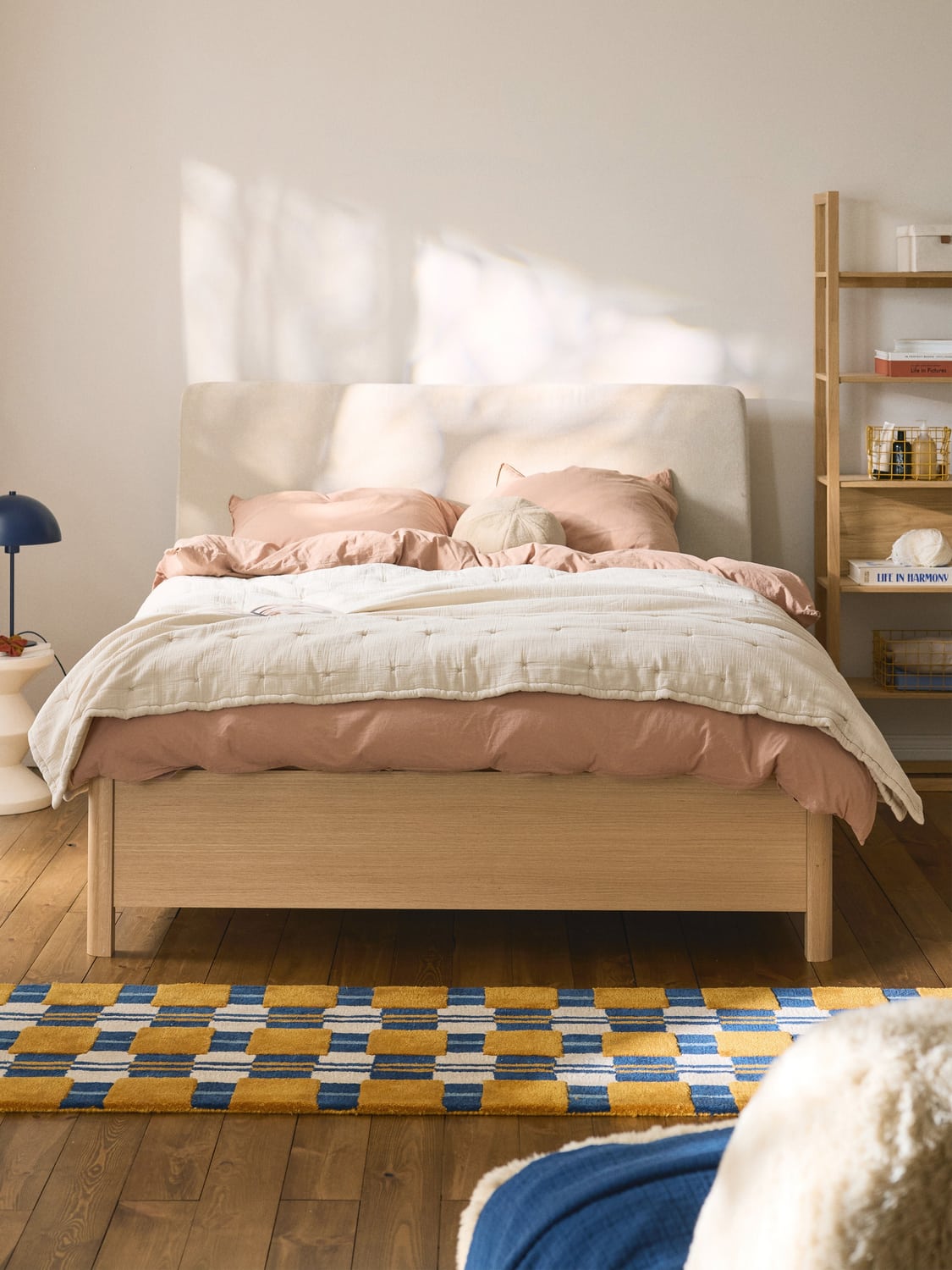 Santiago Wooden Bed with Upholstered Headboard and Drawers — Beige