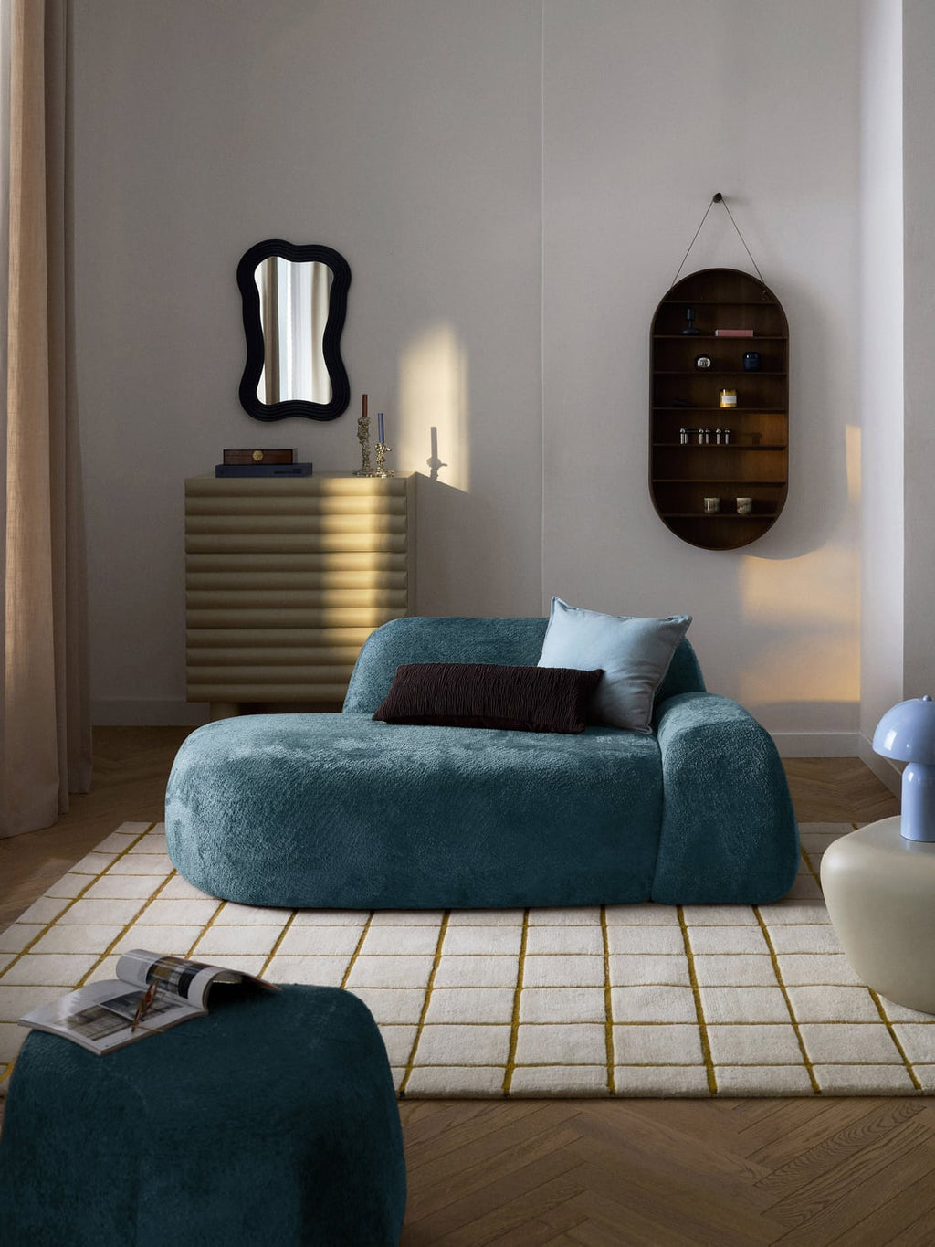 Wolke Teddy Bouclé Sofa (2-seater) with Chaise Longue — Teal