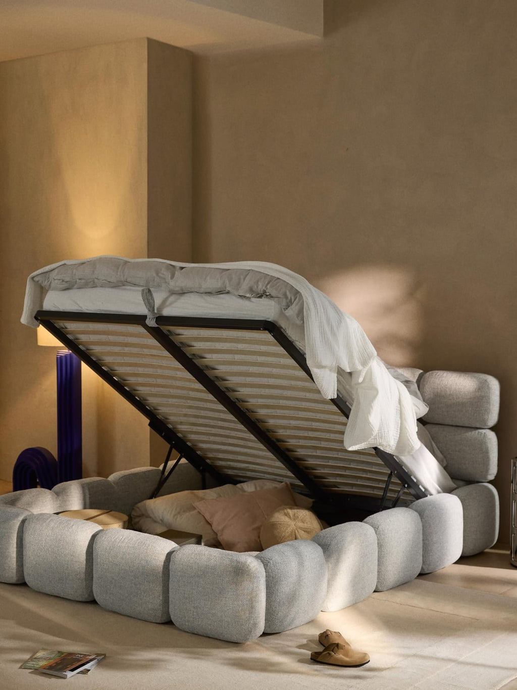 Tayla Upholstered Bed in Bouclé with Storage — Pearl Grey