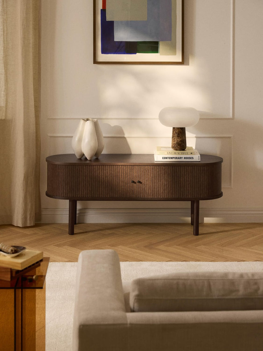 Calary Lowboard with Fluted Front — Taupe