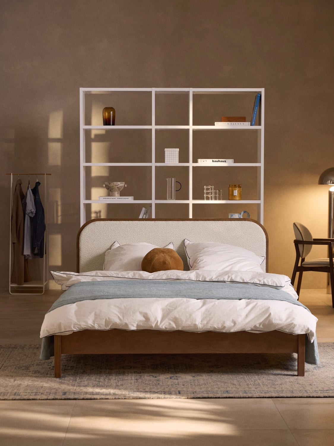 Jones Wooden Bed with Headboard in Bouclé — Oatmeal