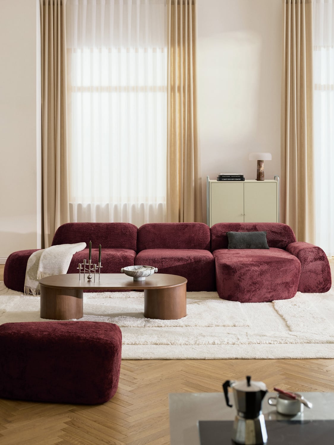 Wolke Modular Teddy Bouclé Corner Sofa (4-seater) with Chaise Longue — Chocolate