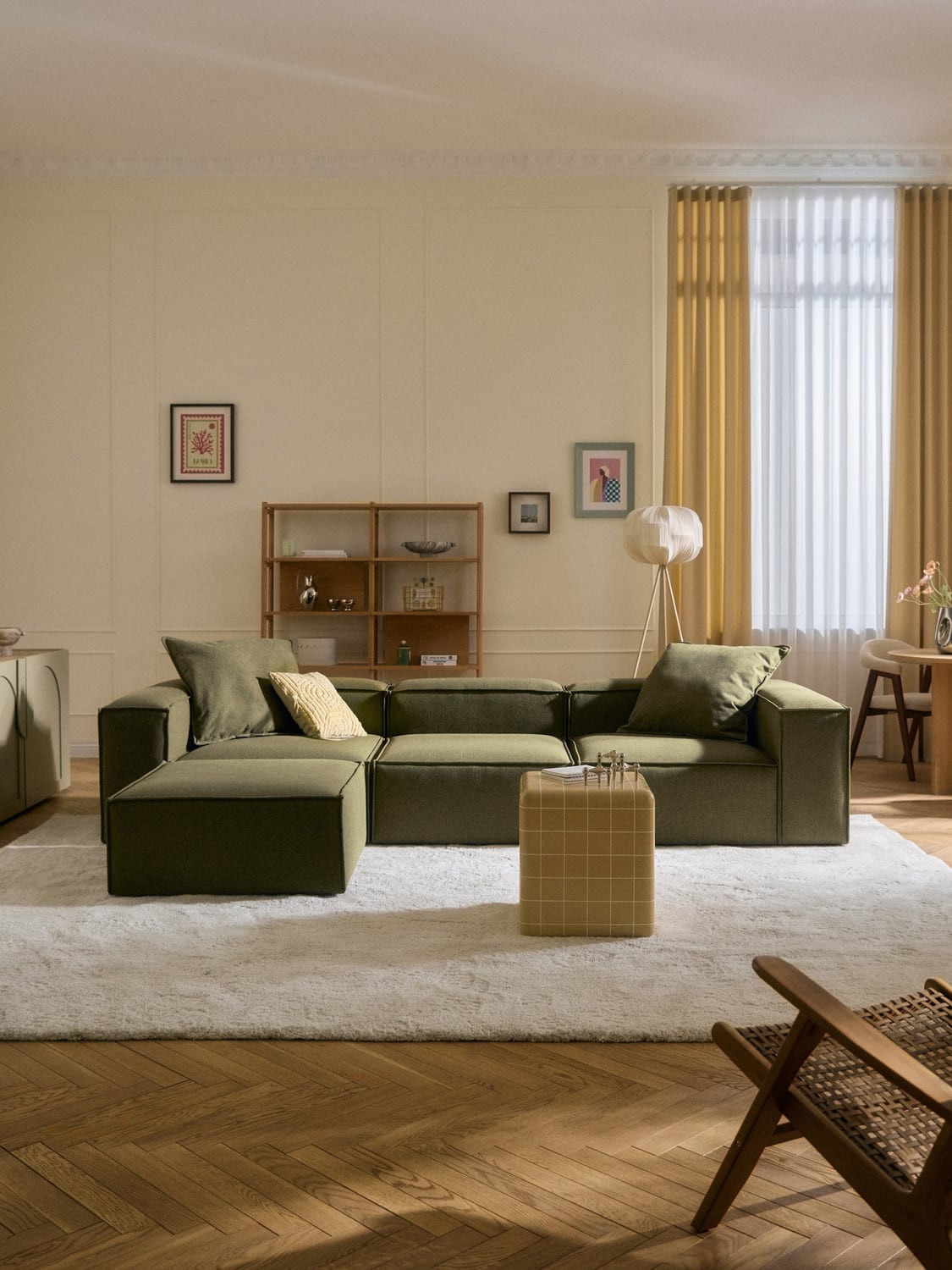 Lennon Modular Sofa (4-seater) with Ottoman (left/right) — Olive