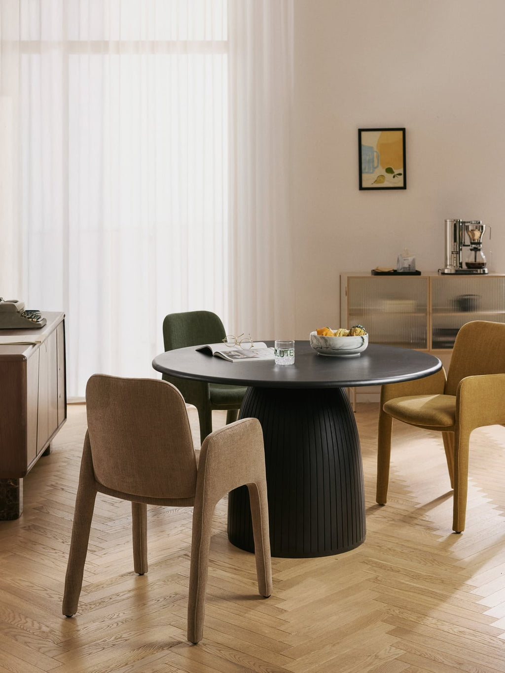 Nelly Round Dining Table with Fluted Structure, in various sizes — Charcoal