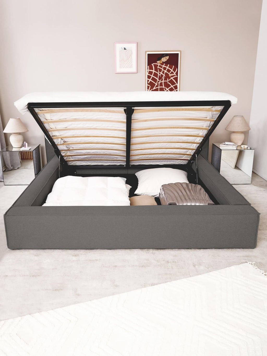 Lennon Upholstered Bed with Storage — Taupe