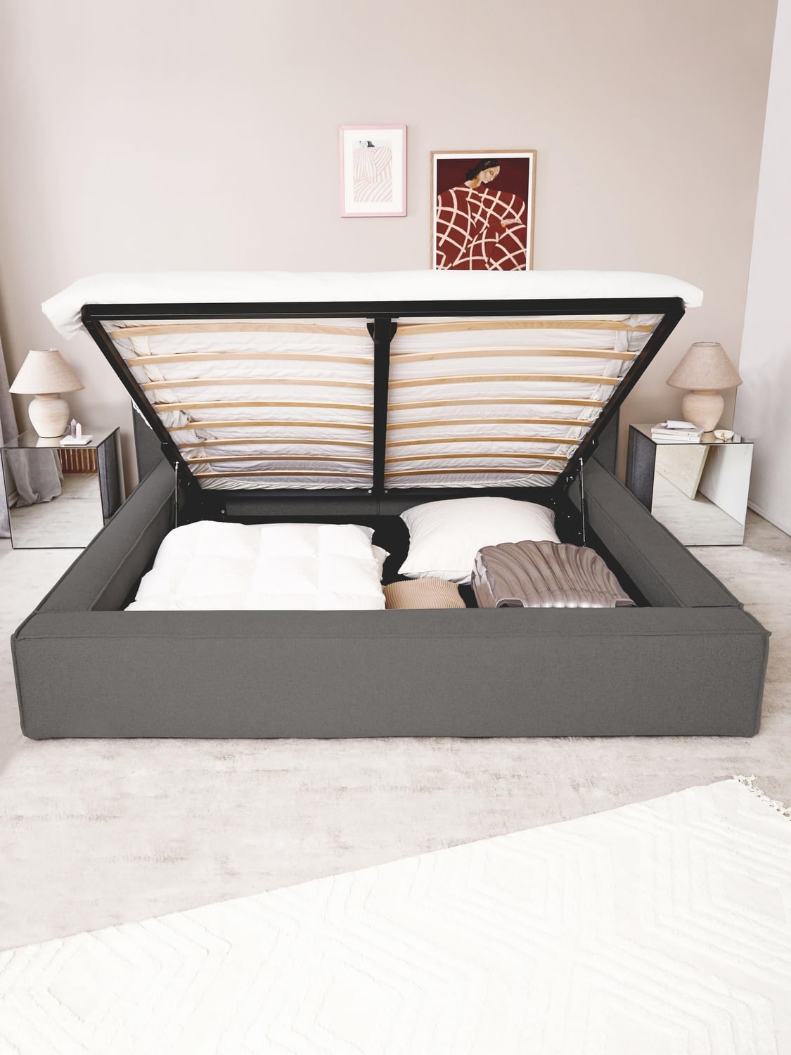 Lennon Upholstered Bed with Storage — Taupe