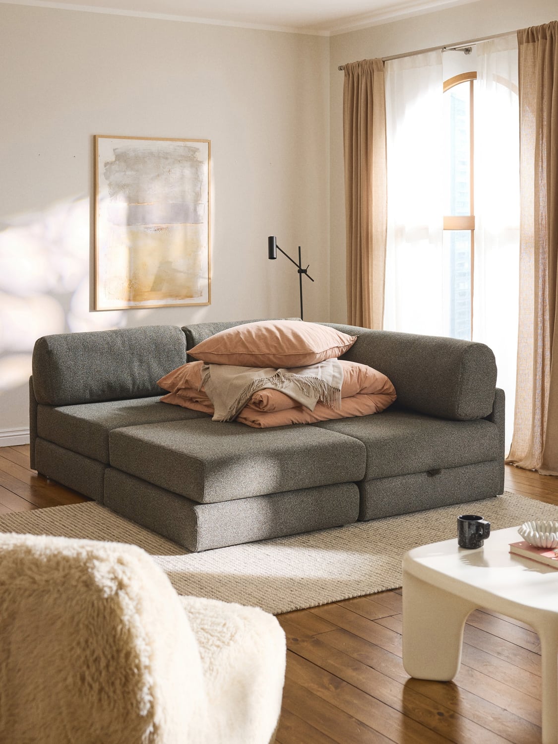 Ladina Bouclé-Corner Sofa Bed with Storage — Slate Grey