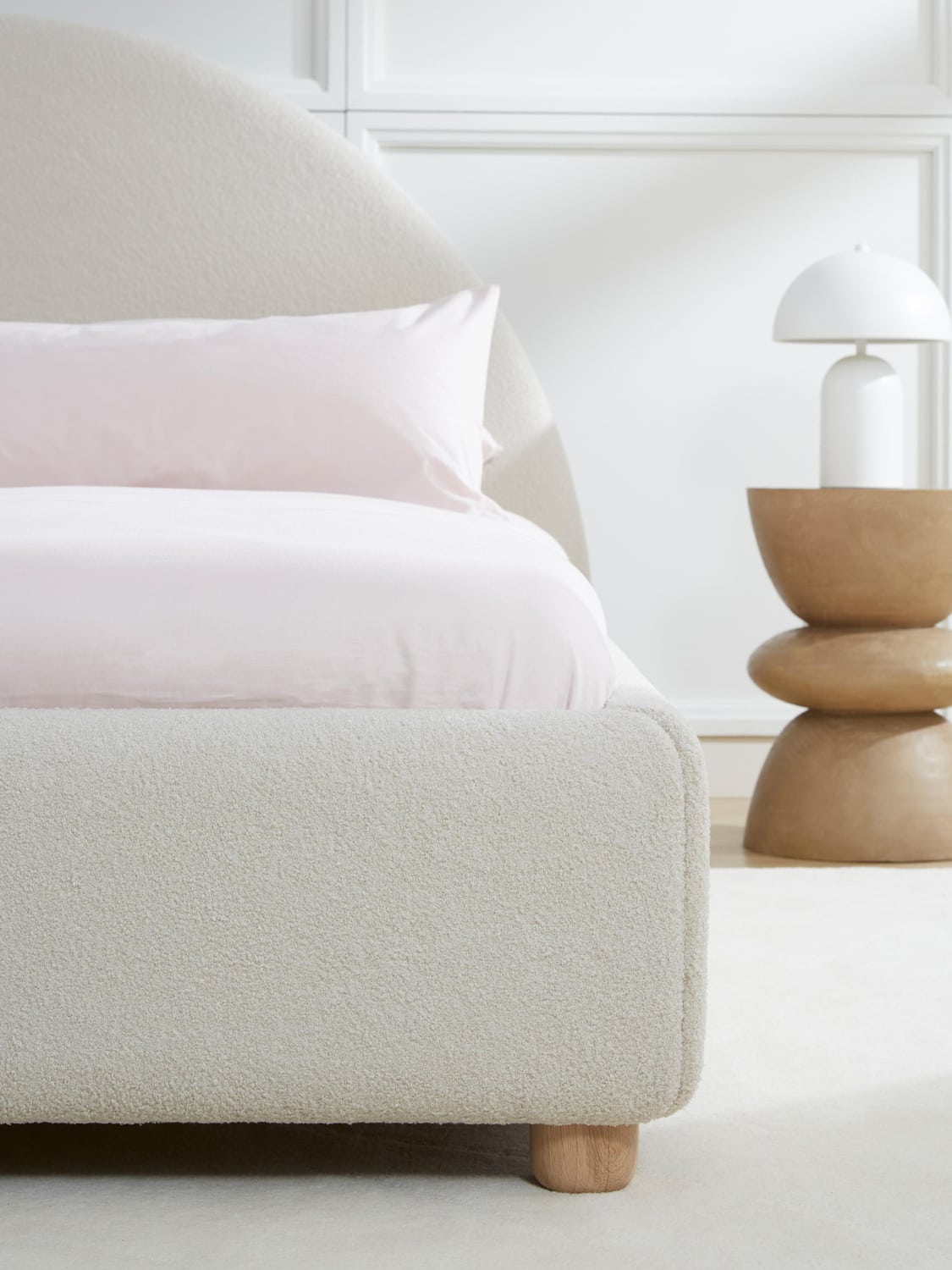 Ebba Teddy-Upholstered Bed — Light Grey