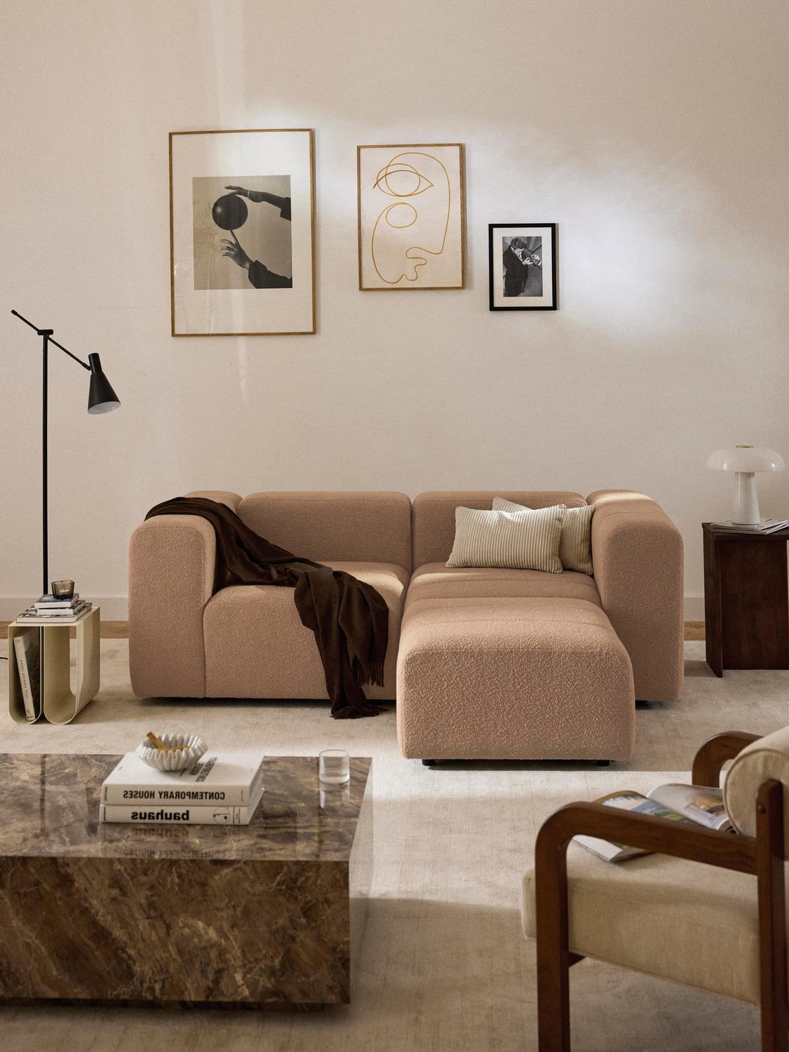 Lena Modular Bouclé Sofa (3-seater) with Ottoman (left/right) — Warm Grey