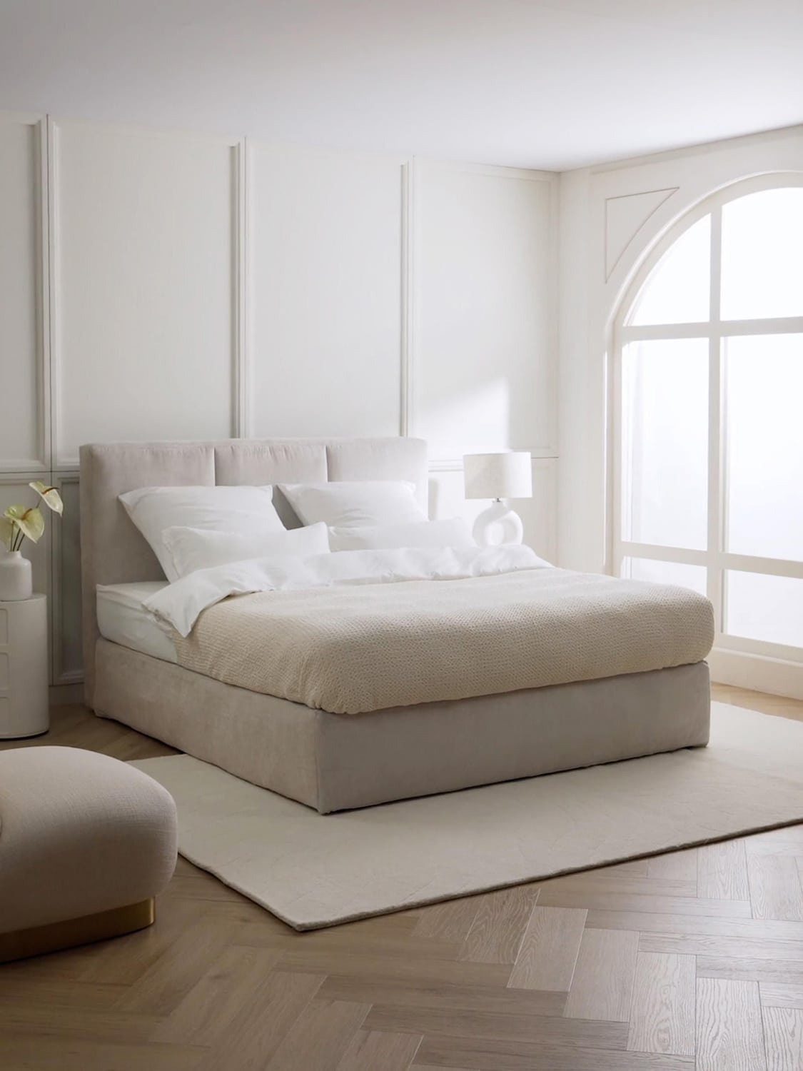 Oberon Box-Spring Bed — Light Grey
