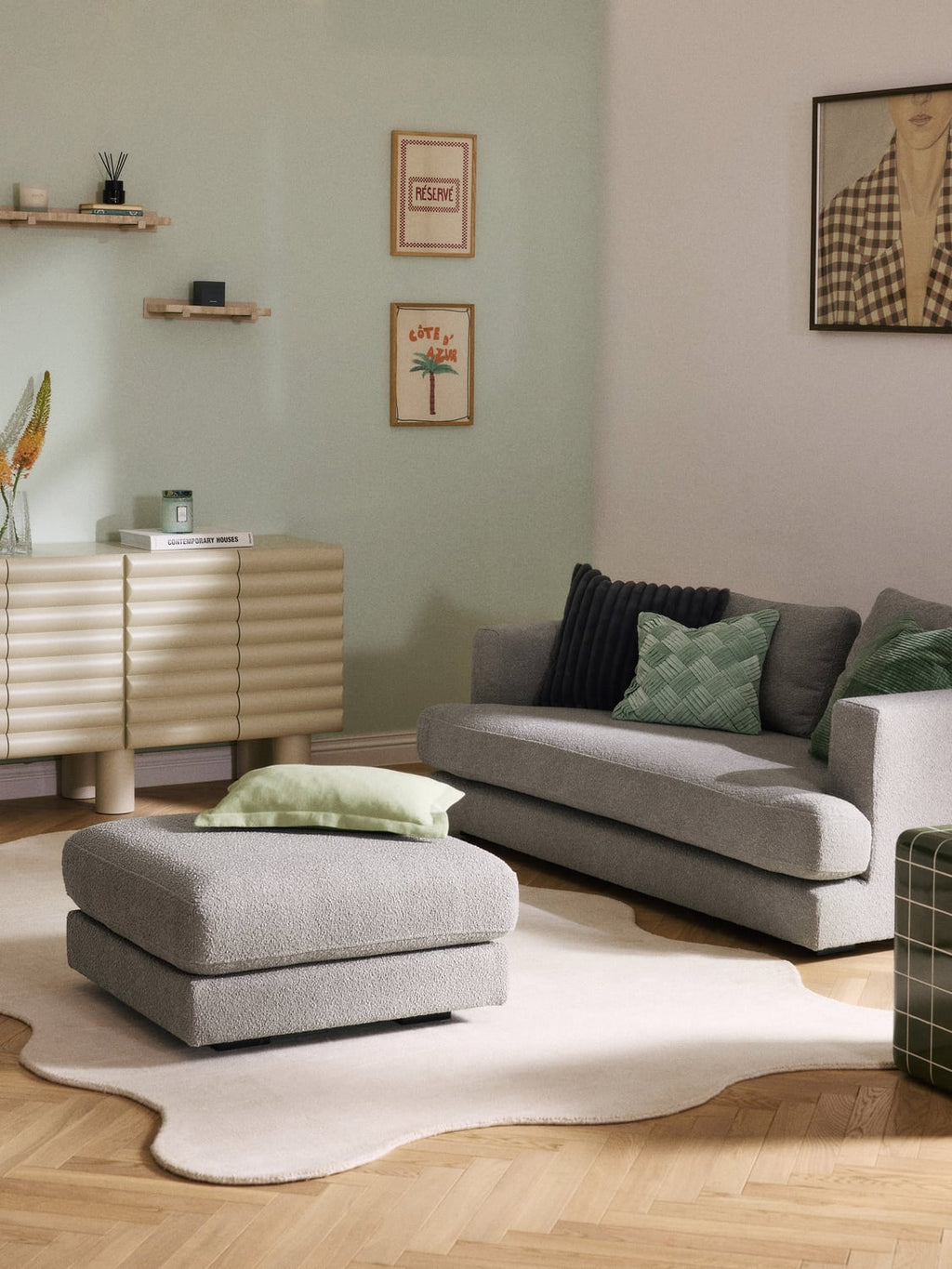 Tribeca Bouclé Sofa Ottoman — Grey