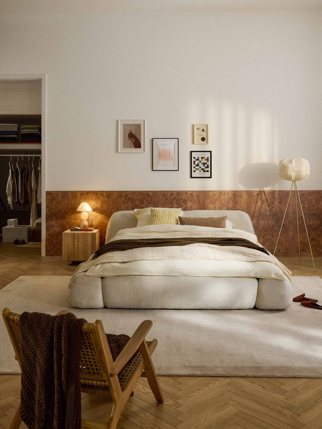 Wolke Upholstered Bed in Teddy Bouclé with Storage — Off-White