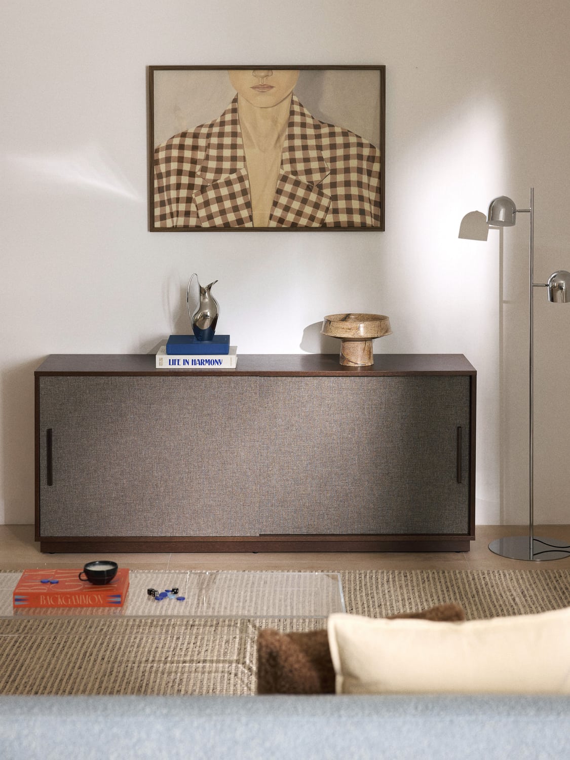 Wisp Wooden Sideboard with Upholstered Front — Dark Grey