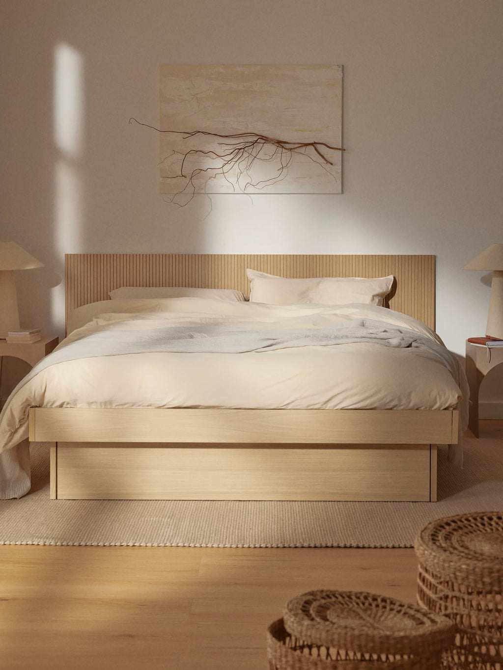 Sato Wooden Bed with Drawers and Headboard — Oatmeal