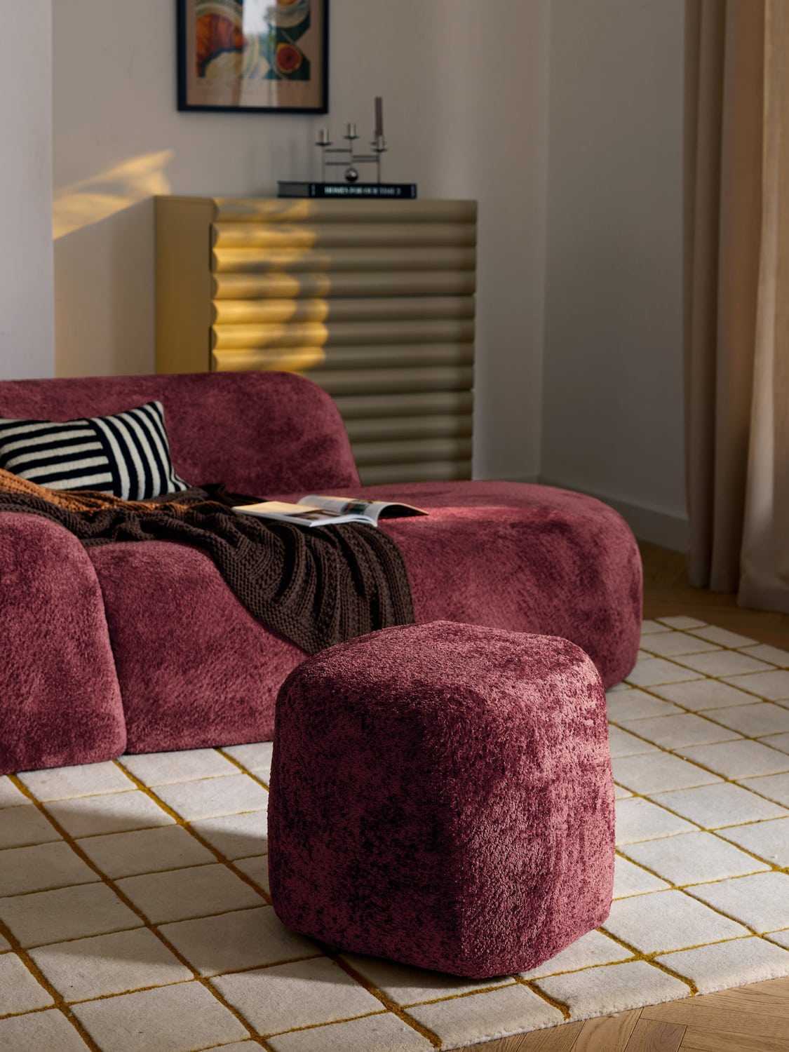 Wolke Tall Ottoman in Teddy Bouclé — Burgundy