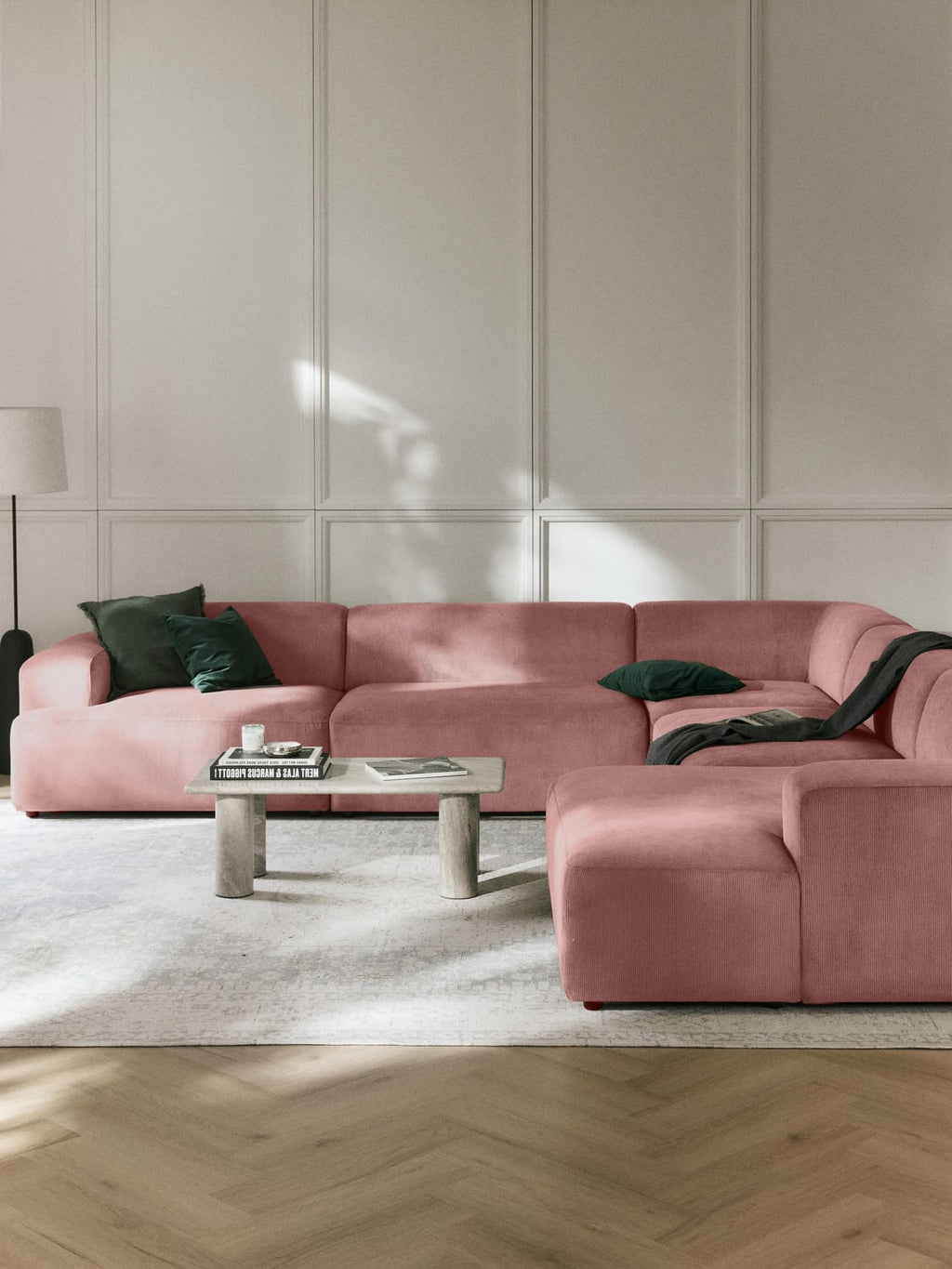 Melva XL Corduroy Corner Sofa — Pink