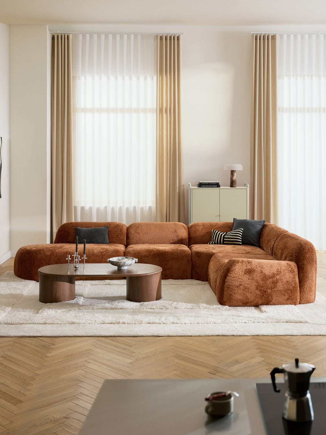 Wolke XL Modular Teddy Bouclé Corner Sofa with Chaise Longue — Terracotta