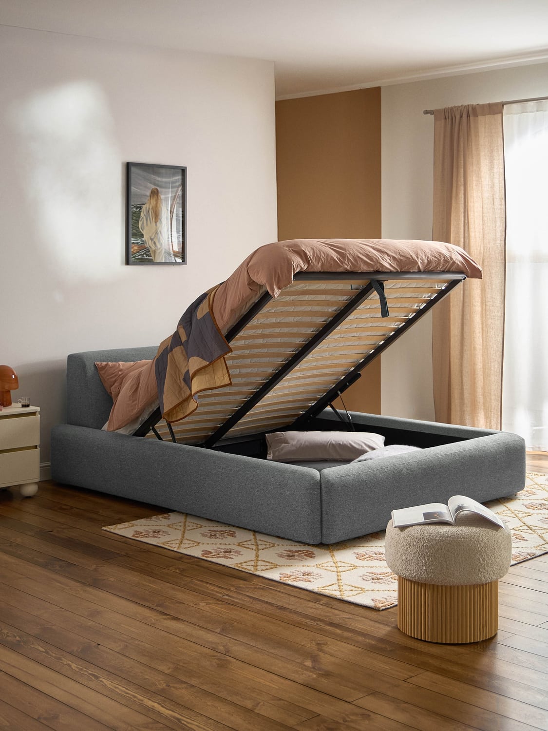 Melva Upholstered Bed with Storage — Grey