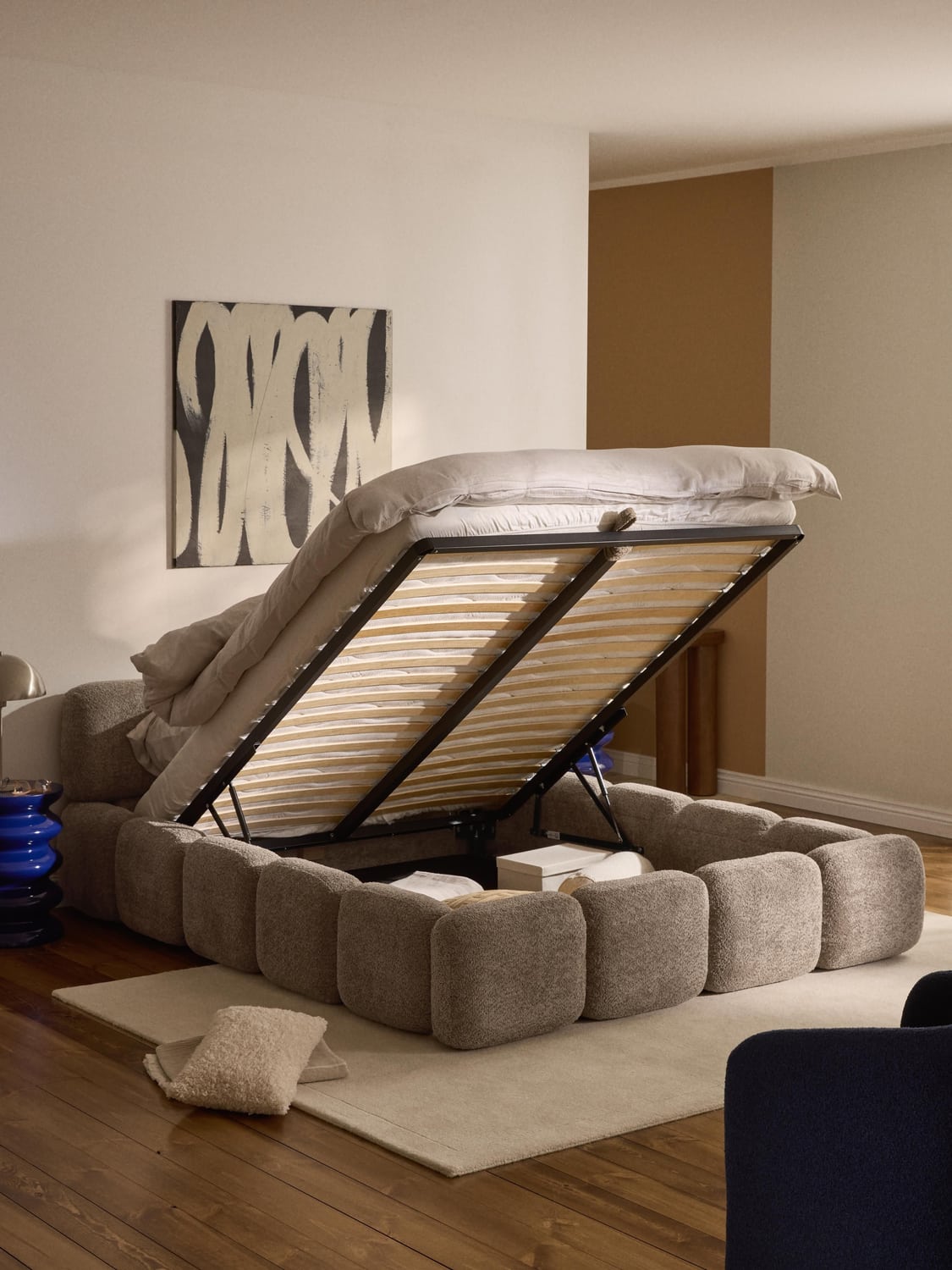 Tayla Upholstered Bed in Teddy Bouclé with Storage — Sage