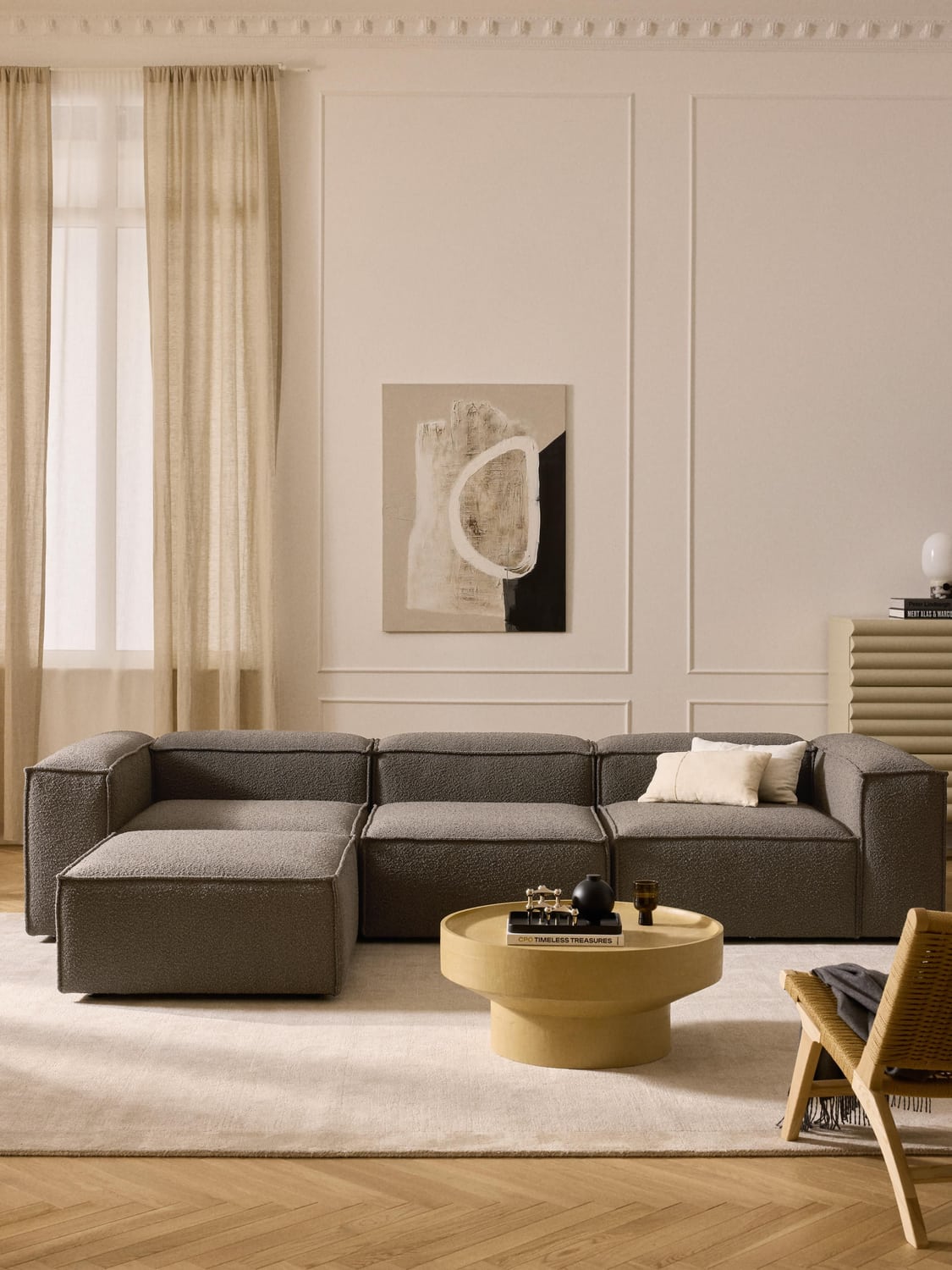 Lennon Modular Sofa (4-seater) in Bouclé with Ottoman (left/right) — Dark Grey
