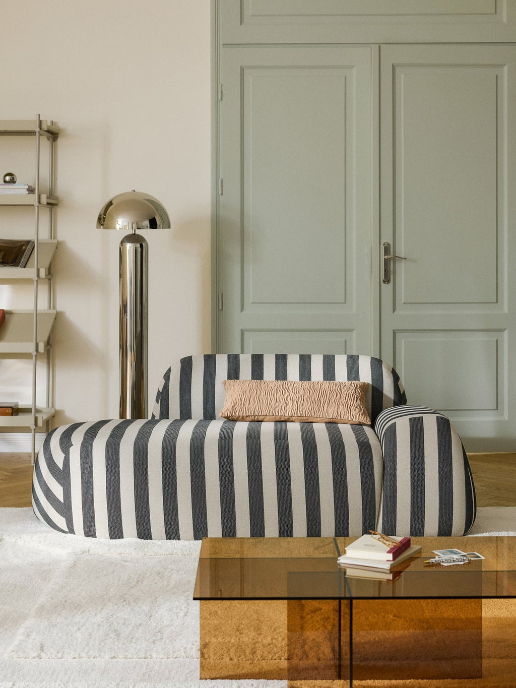 Wolke Striped Sofa (2-seater) with Chaise Longue — Warm Grey