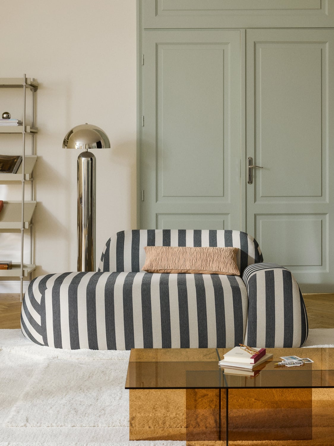 Wolke Striped Sofa (2-seater) with Chaise Longue — Warm Grey