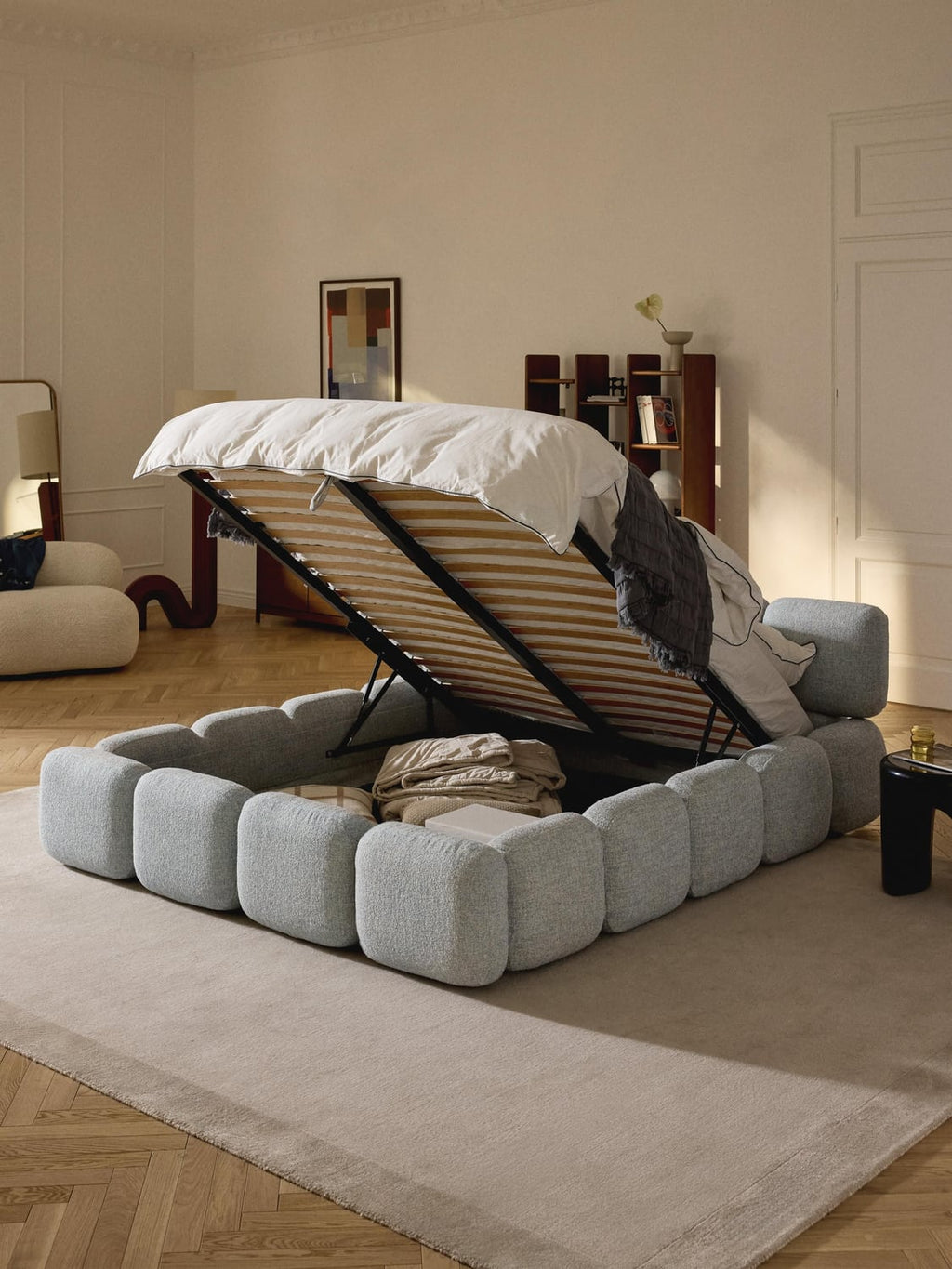 Tayla Upholstered Bed in Bouclé with Storage — Light Grey