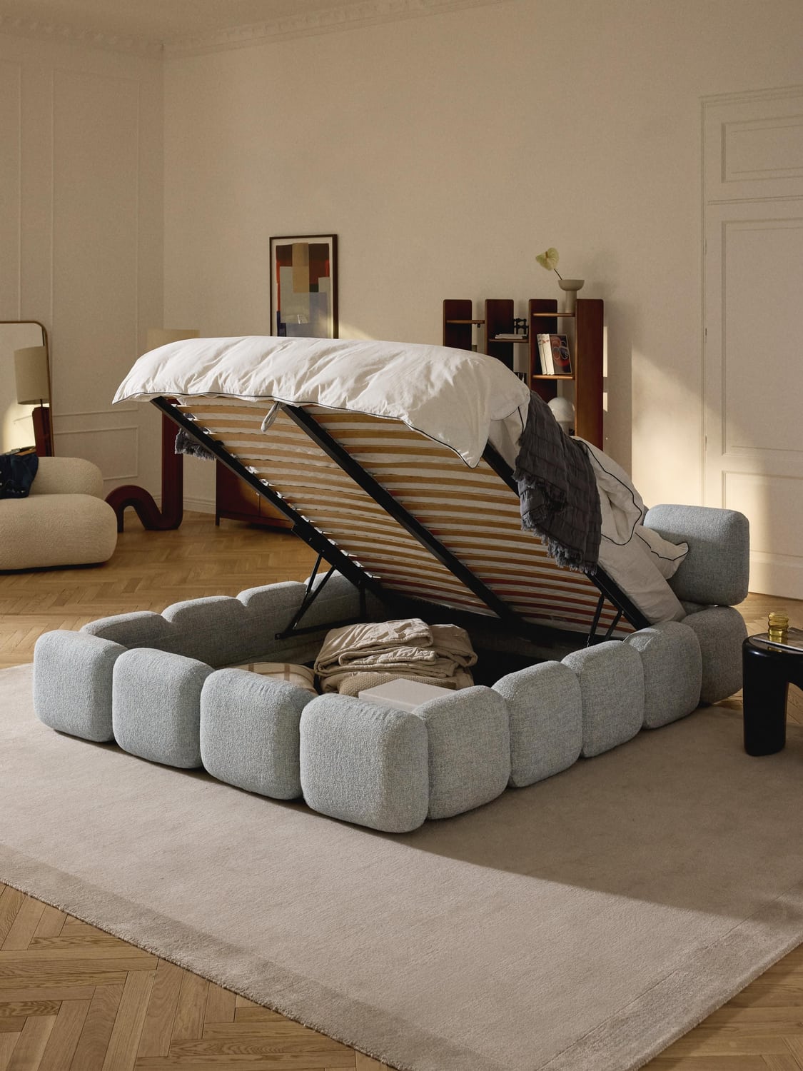 Tayla Upholstered Bed in Bouclé with Storage — Light Grey