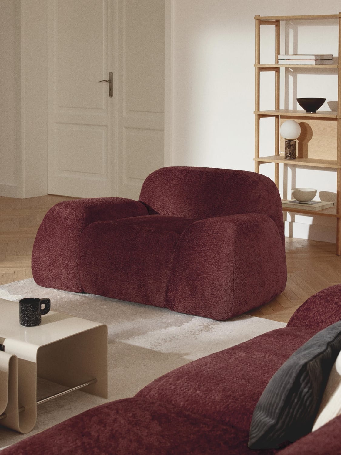 Wolke Lounge Chair in Teddy Bouclé — Burgundy