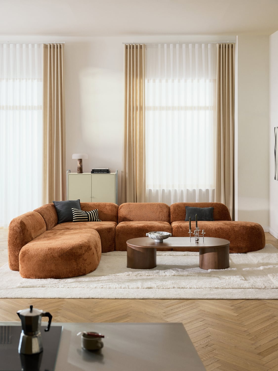 Wolke XL Modular Teddy Bouclé Corner Sofa with Chaise Longue — Camel