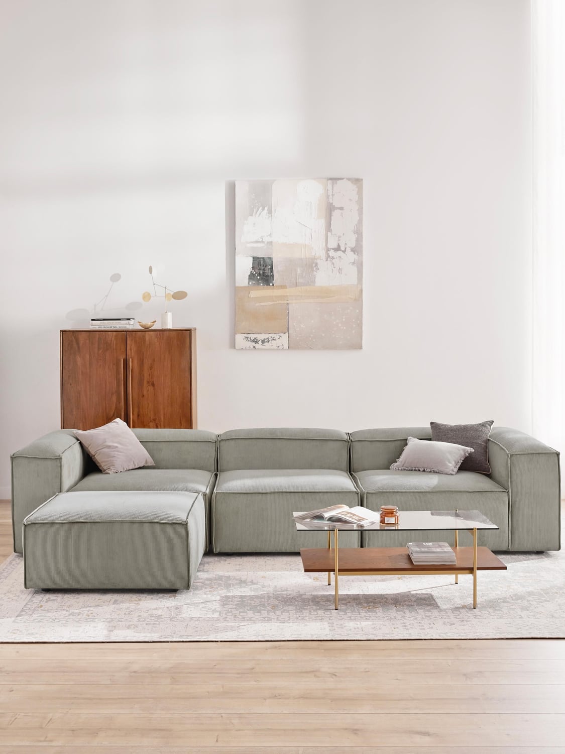Lennon Modular Sofa (4-seater) in Corduroy with Ottoman (left/right) — Warm Grey