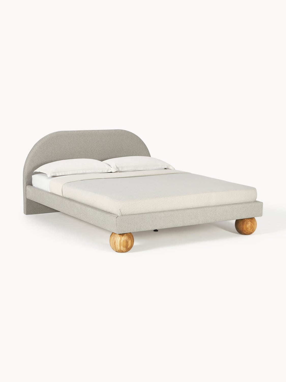 Rena Upholstered Bed with Ball Feet in Oak — Pearl Grey