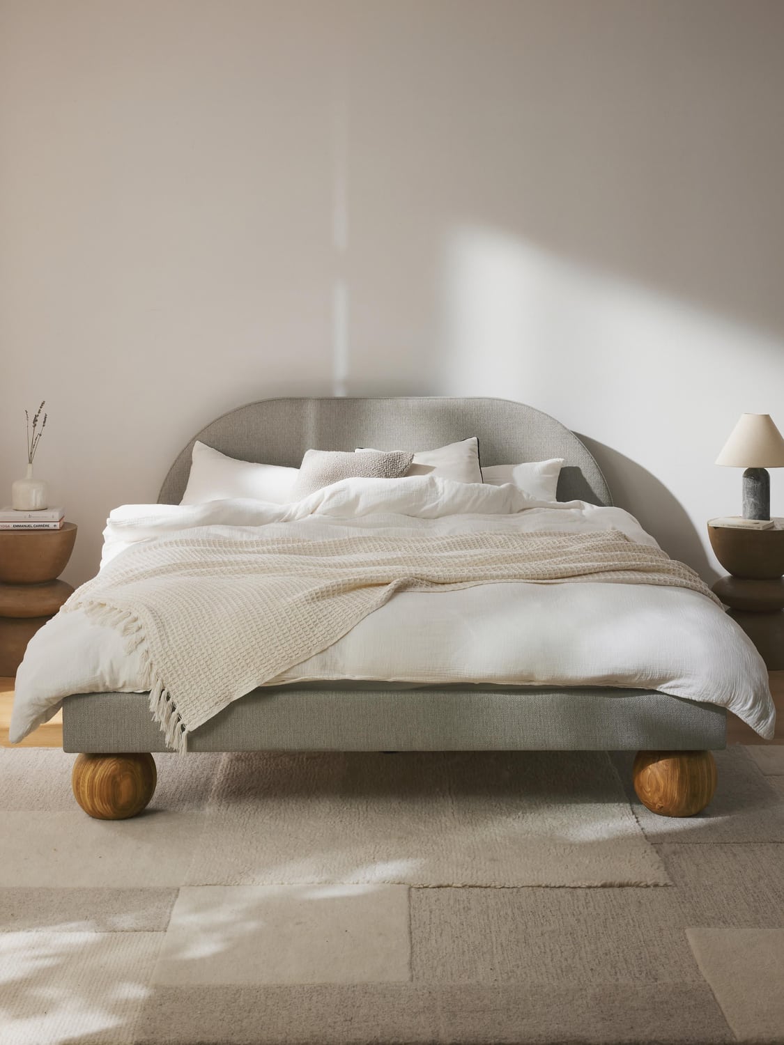 Rena Upholstered Bed with Ball Feet in Oak — Pearl Grey