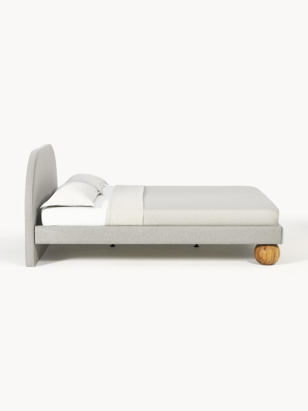 Rena Upholstered Bed with Ball Feet in Oak — Pearl Grey