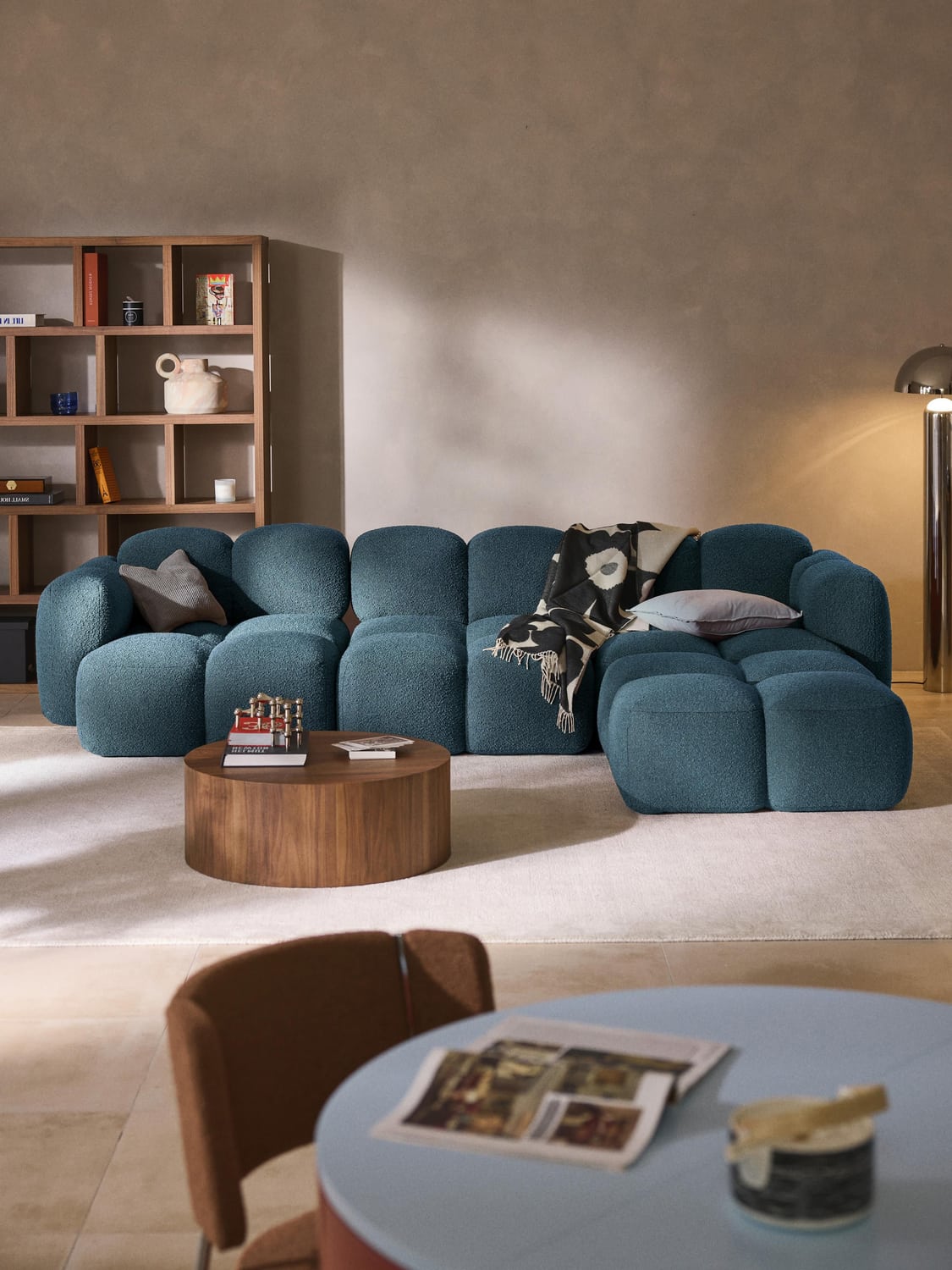 Tayla Modular Sofa (4-seater) in Bouclé with Ottoman (left/right) — Dark Grey